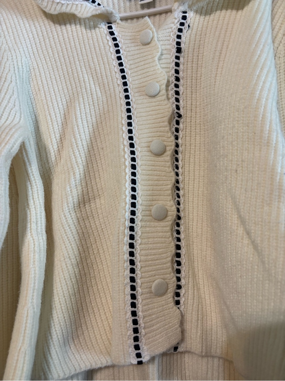 HYFVE Coquette Cream ribbed Cardigan Contrast Trim Peter Pan Collar Sweater M - Picture 16 of 16